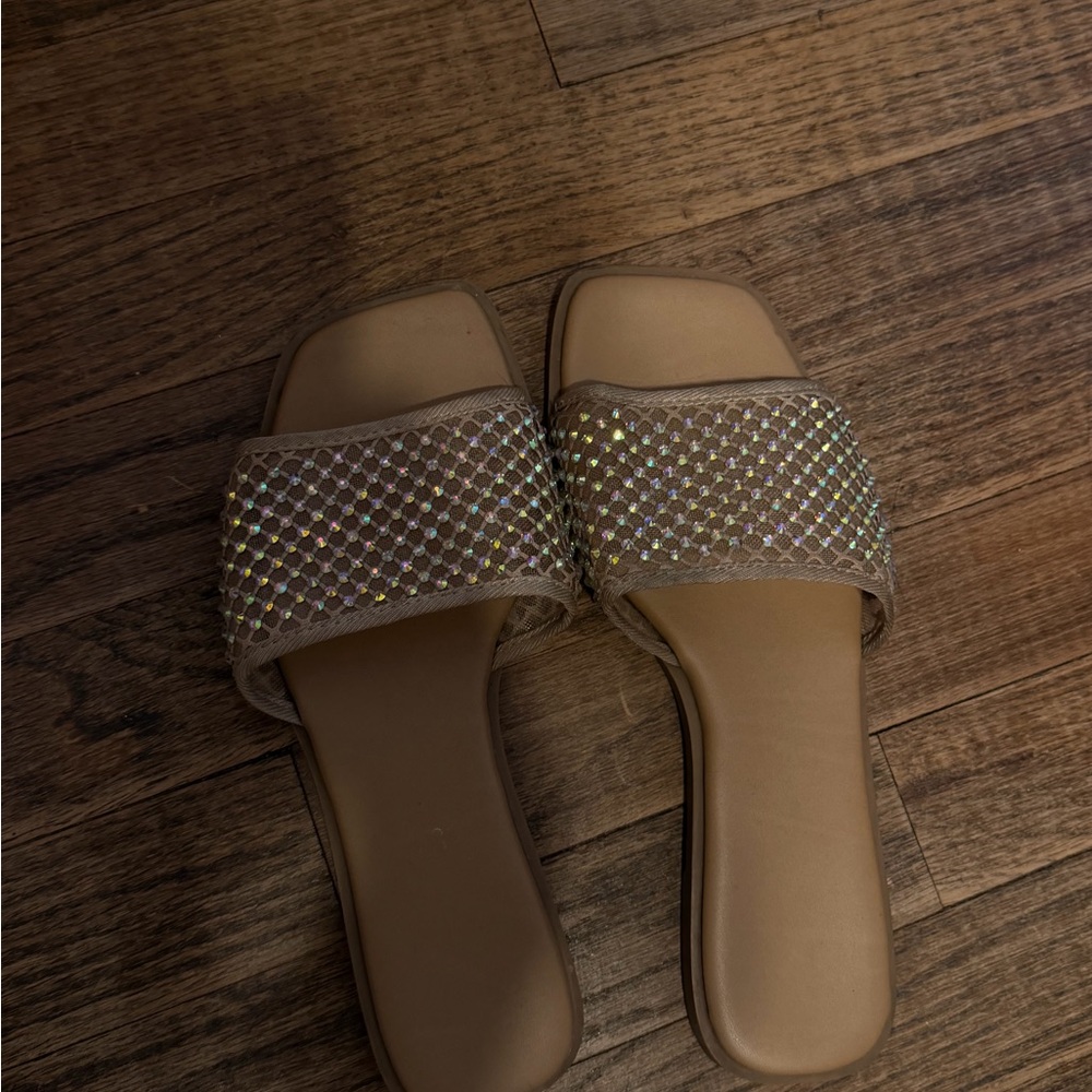 No Boundaries Tan and Gold Slide Sandals